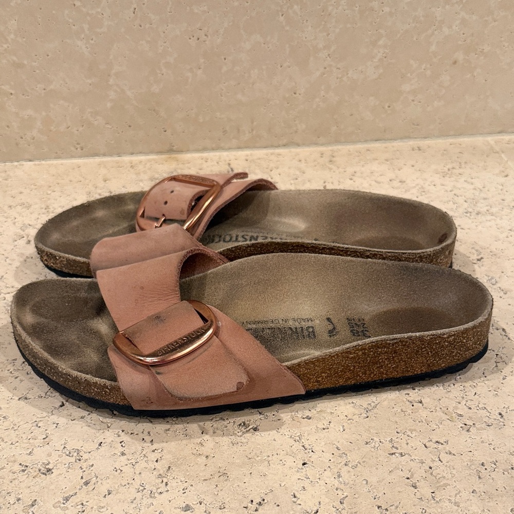 Birkenstock Madrid Slides in Rose Pink with Rose Gold Buckles - Picture 2 of 6